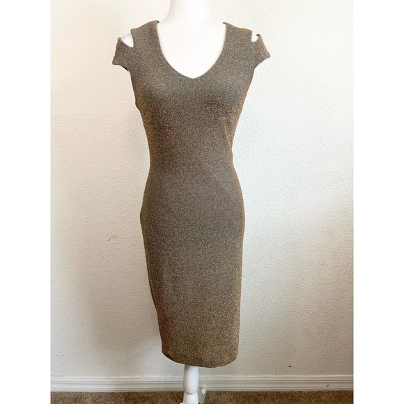 DRESS the Population Bryce Bodycon Dress Gold Shimmer Split Sleeve Midi Small - Picture 1 of 9